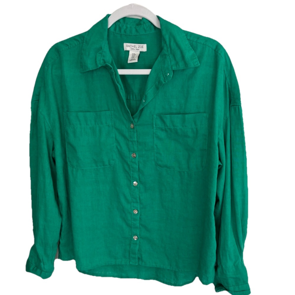 Rachel Zoe Green Button-Up linen Shirt Med